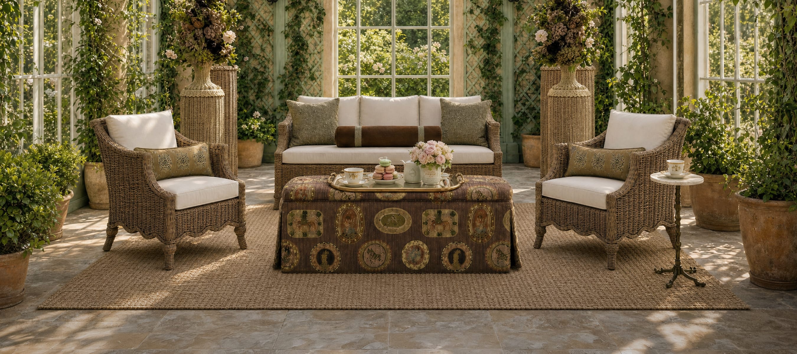 A layered outdoor room surrounded by greenery